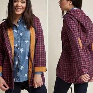 Anthropology Blu Pepper Red and Blue Plaid Jacket with Tan Accents